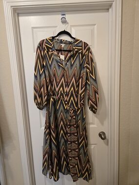 Cato Chevron Print Maxi Dress in Navy, Mustard & Blush